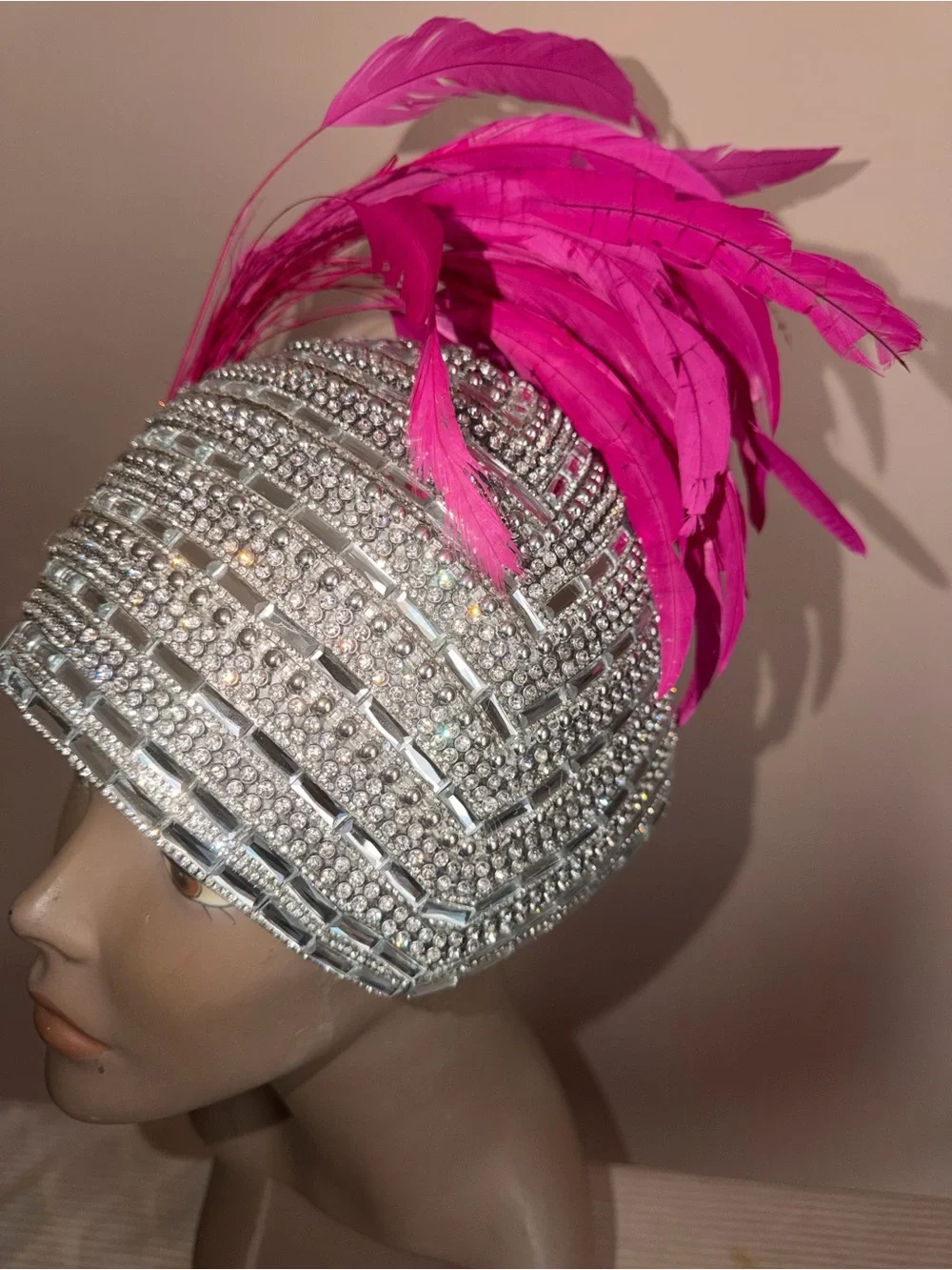 Crystal Beaded Flapper full dome cap with Hot Pink Feathers